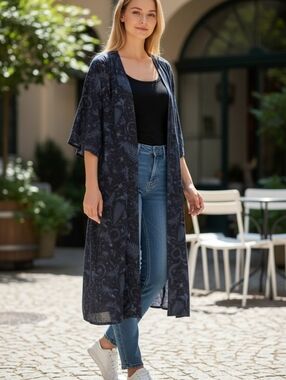 Long Navy Floral Kimono Duster